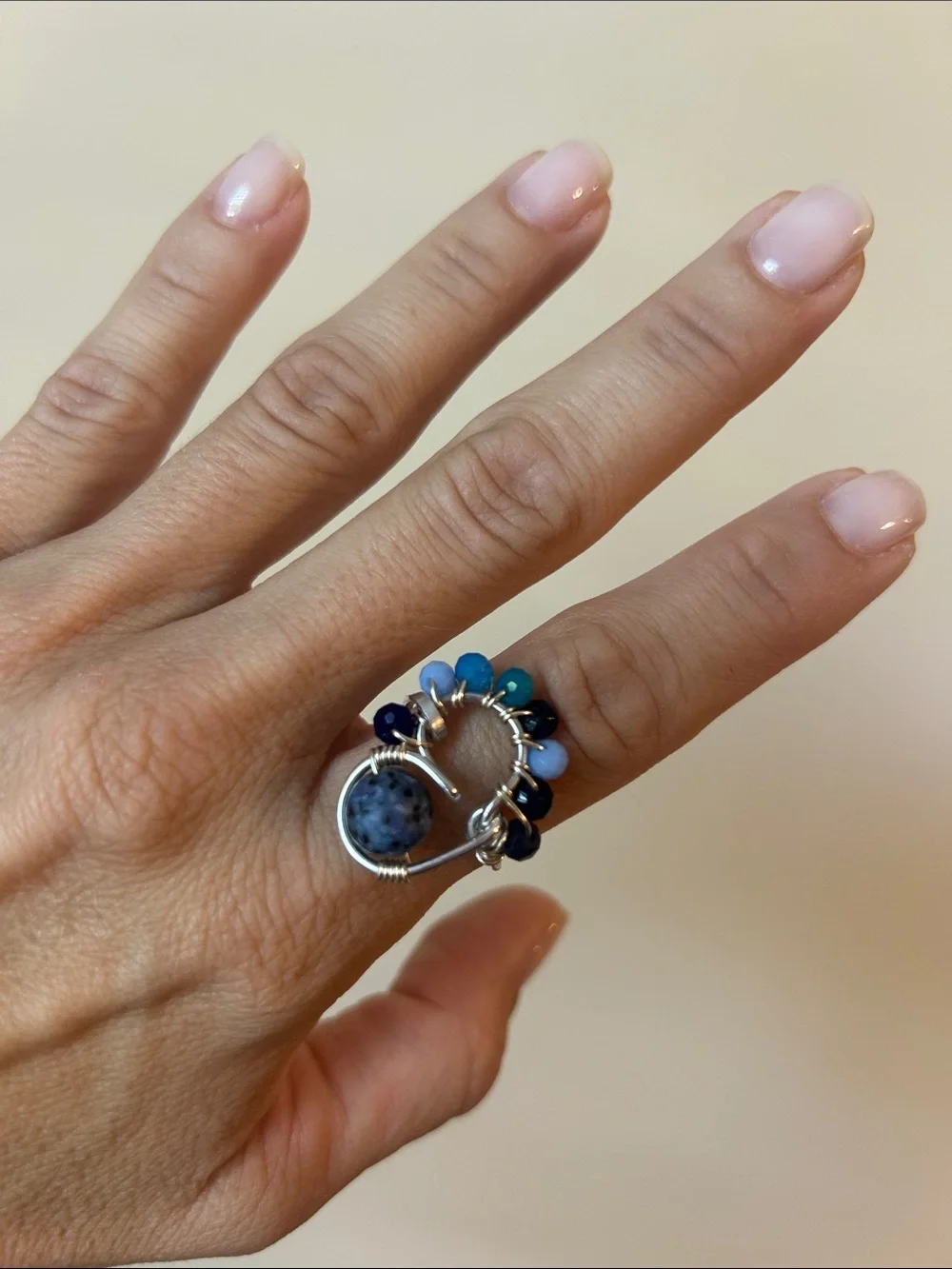 Handmade Silver Heart Ring with Blue and Teal Beads